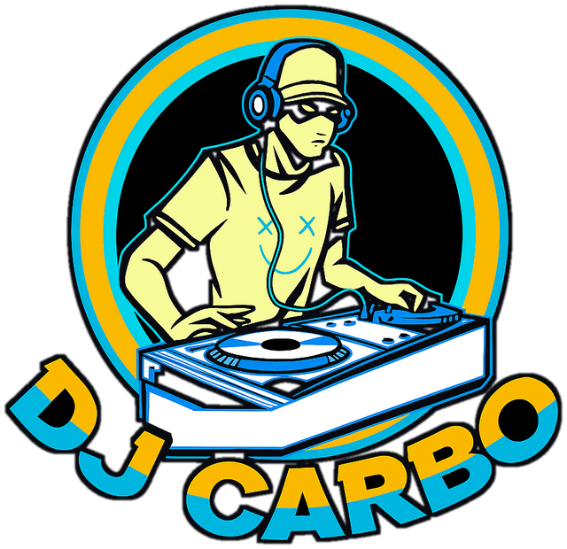 DJ Carbo logo: a DJ in headphones at the decks inside a gold and blue ring